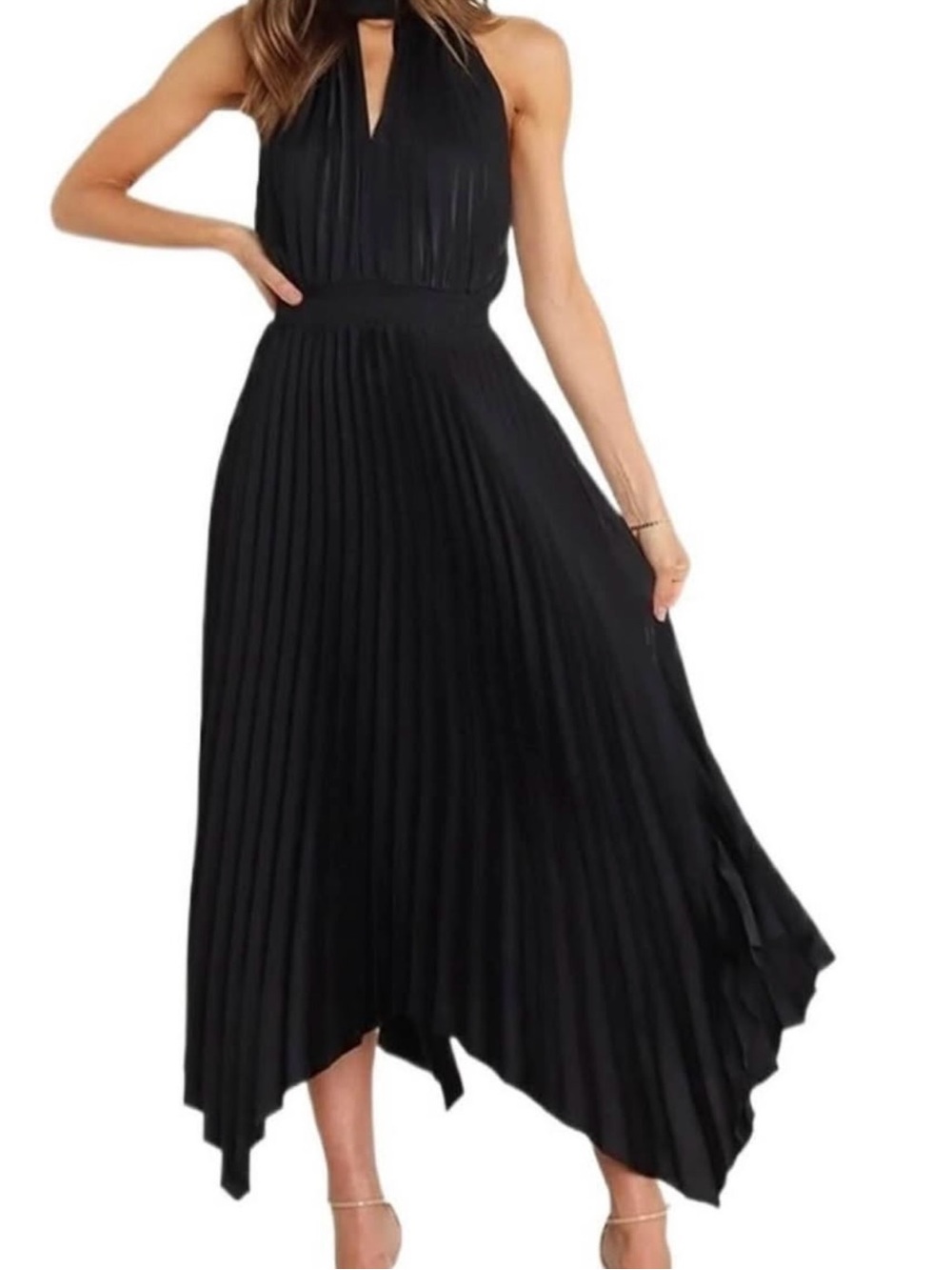 Petal & Pup Black Pleated Halter Midi Dress